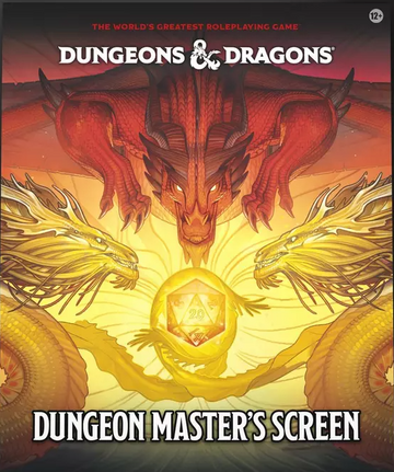 The D&D Dungeon Master's Screen features striking artwork of dragons and a glowing D20 die in the center, highlighting the essence of roleplaying. It is designed to assist game masters in managing gameplay, with useful tables and references prominently displayed.