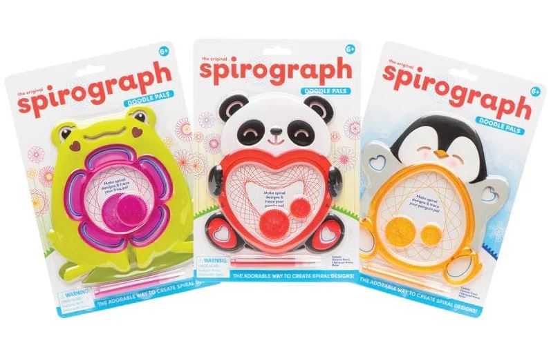 Three Spirograph Doodle Pals DIY kits by PlayMonster. The kits feature colorful designs: a green frog with a flower pattern, a panda with a heart shape, and a penguin with circular patterns. Each kit provides tools to create intricate spiral designs, fostering creativity and fun for children ages 6 and up.