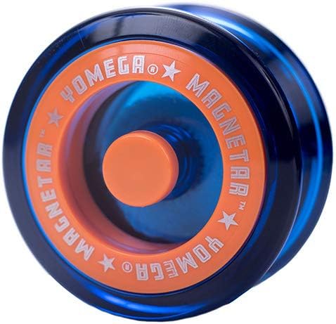 Close-up image of the Magnetar Yoyo by Yomega, featuring a vibrant blue and orange design. The yoyo has a smooth, polished finish, with the Yomega logo and 'Magnetar' inscribed in bold letters around the edge, showcasing its high-quality craftsmanship suitable for both beginners and advanced players.