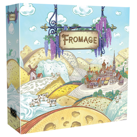 Colorful board game box for Fromage by Road to Infamy. The artwork depicts a whimsical landscape with cheese hills, cows, a windmill, and a quaint village.