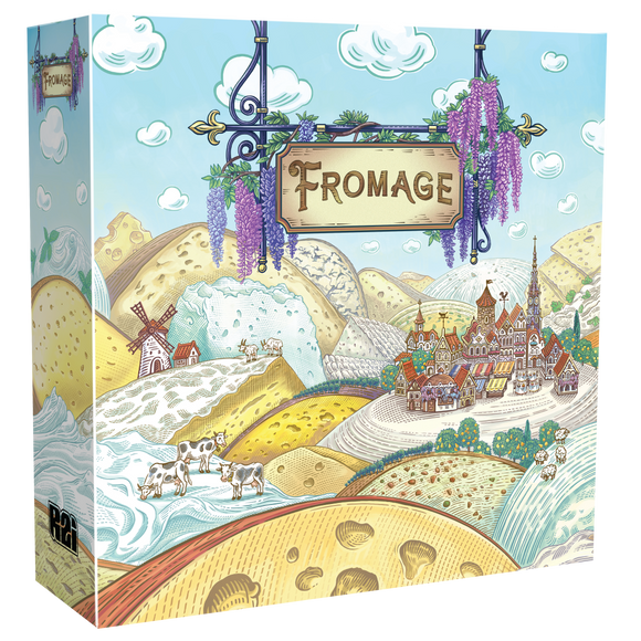 Colorful board game box for Fromage by Road to Infamy. The artwork depicts a whimsical landscape with cheese hills, cows, a windmill, and a quaint village.