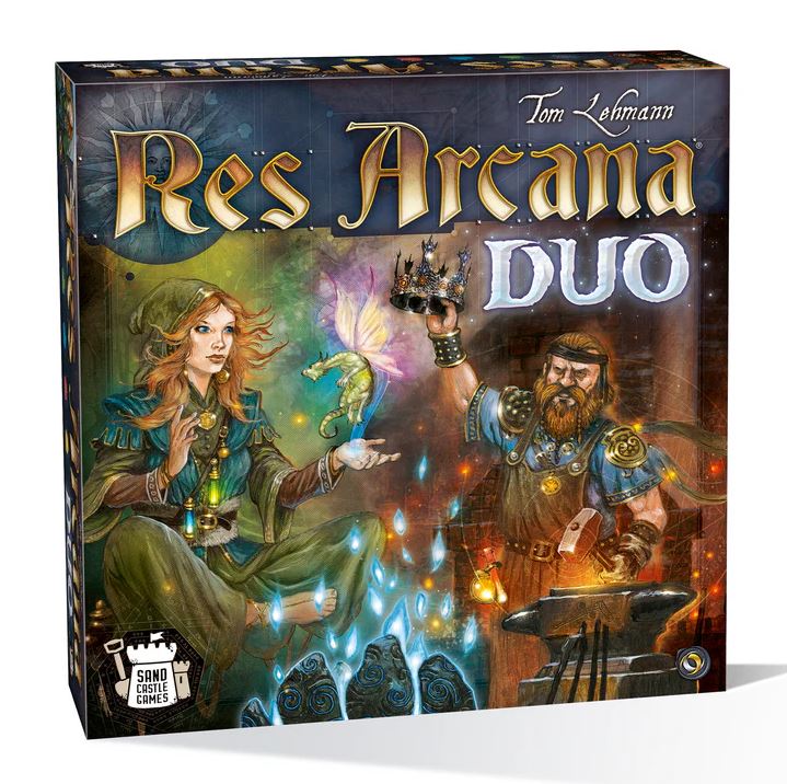 Box art for Res Arcana Duo, a strategic board game by Sand Castle featuring a wizardess and a warrior. The design showcases mystical elements such as a glowing fairy and shimmering crystals, inviting players into a fantastical adventure of magic and alchemy.