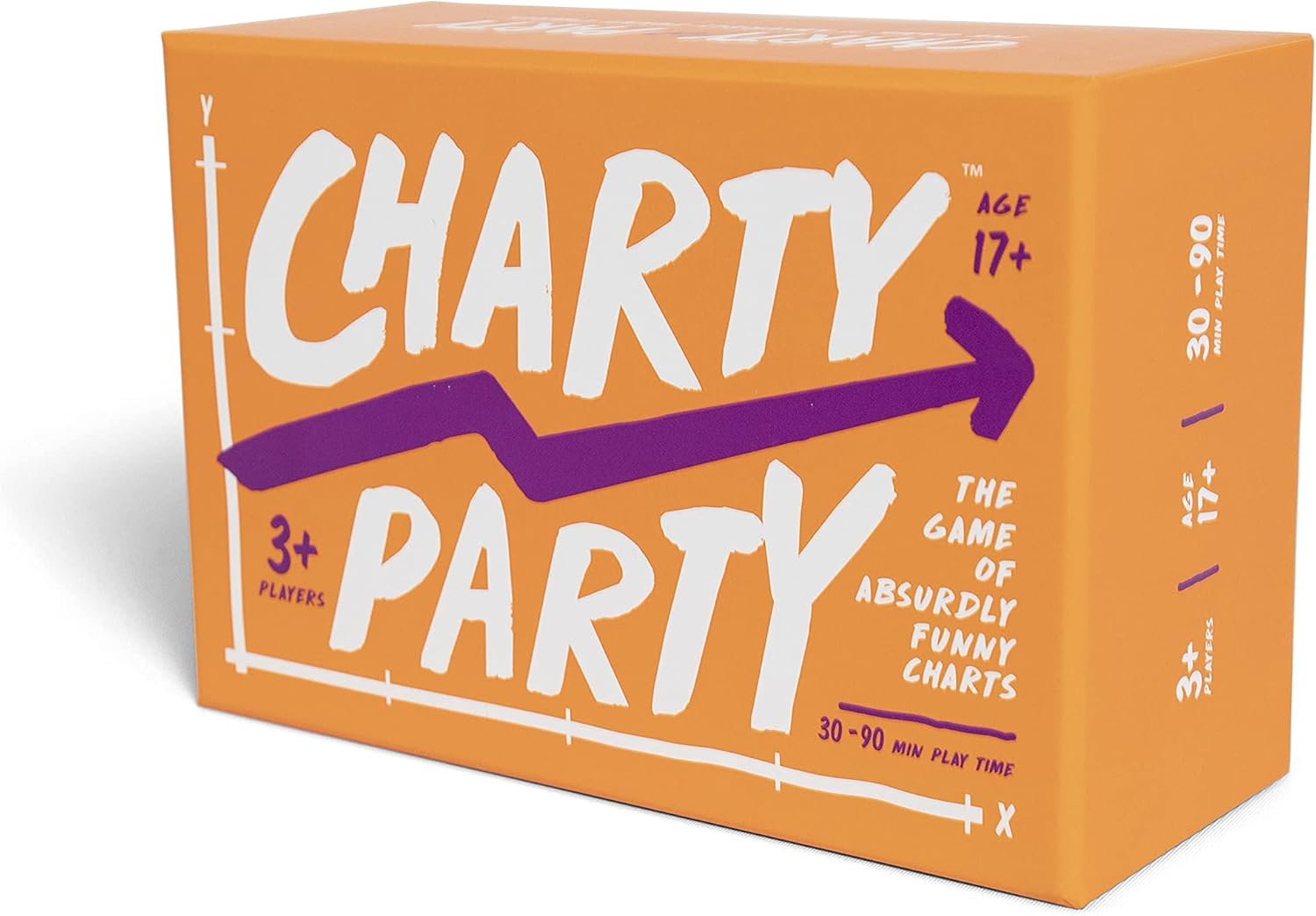 Charty Party game by Very Special Games featuring a vibrant orange box with bold white text, highlighting it as the game of absurdly funny charts. Designed for 3 or more players, suitable for ages 17 and up, with a playtime of 30 to 90 minutes.