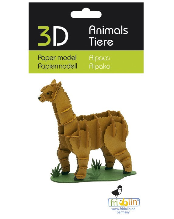 3D model of an alpaca crafted from paper by Fridolin. The model features intricate cut-out designs and is displayed on a green base resembling grass, highlighting its unique design. Perfect for DIY enthusiasts and creative hobbyists.