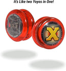 The Power Brain XP Yoyo by Yomega is a bright red yoyo featuring a striking black and yellow logo. Its design includes a visible internal mechanism, highlighting the innovative Smart Switch technology that allows users to switch between automatic and manual modes, making it versatile for all skill levels. This yoyo promises an exciting play experience, combining fun and skill development in an engaging way.