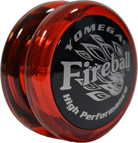 The Yomega Fireball is a high-performance yo-yo featuring a vibrant red color. The logo is prominently displayed on a black background, emphasizing its quality design.