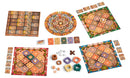 The game Intarsia by PEGASUS SPIELE NORTH AMERICA features colorful, intricately designed game boards and pieces. The layout includes various geometric patterns and shapes that players can arrange, along with scoring elements and game cards. The vibrant colors and detailed design showcase the game's artistic theme and engaging gameplay, making it an attractive choice for board game enthusiasts.