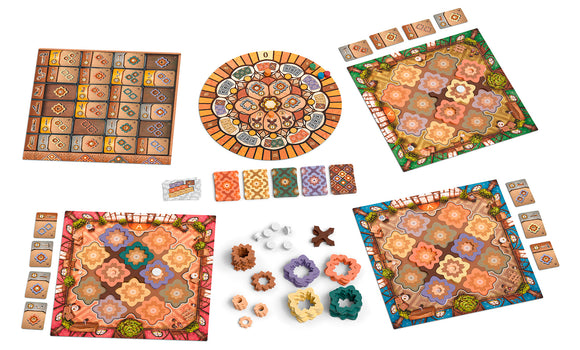 The game Intarsia by PEGASUS SPIELE NORTH AMERICA features colorful, intricately designed game boards and pieces. The layout includes various geometric patterns and shapes that players can arrange, along with scoring elements and game cards. The vibrant colors and detailed design showcase the game's artistic theme and engaging gameplay, making it an attractive choice for board game enthusiasts.