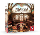 The box of the game 'Intarsia' by Pegasus Spiele features an artistic illustration of a vibrant, sunny indoor setting. The scene shows two children engaged in crafting, with one kneeling and placing a disc on the floor while the other observes. An adult man stands nearby, and there's a bar in the background with several patrons. The packaging highlights the game name at the top and includes the names of the designers, Michael Kiesling and Lukas Siegmon.