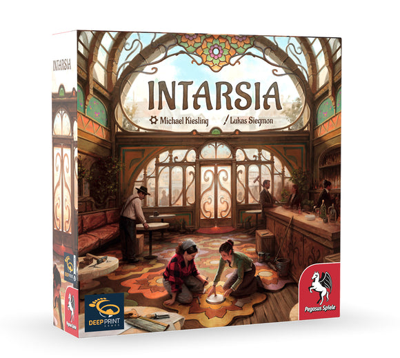 The box of the game 'Intarsia' by Pegasus Spiele features an artistic illustration of a vibrant, sunny indoor setting. The scene shows two children engaged in crafting, with one kneeling and placing a disc on the floor while the other observes. An adult man stands nearby, and there's a bar in the background with several patrons. The packaging highlights the game name at the top and includes the names of the designers, Michael Kiesling and Lukas Siegmon.