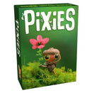 The colorful game box of 'Pixies' by Pandasaurus Games, featuring a whimsical cartoon creature holding a pink flower amidst green moss. The title 'Pixies' is displayed prominently on the front, emphasizing a playful and enchanting theme suitable for family fun.
