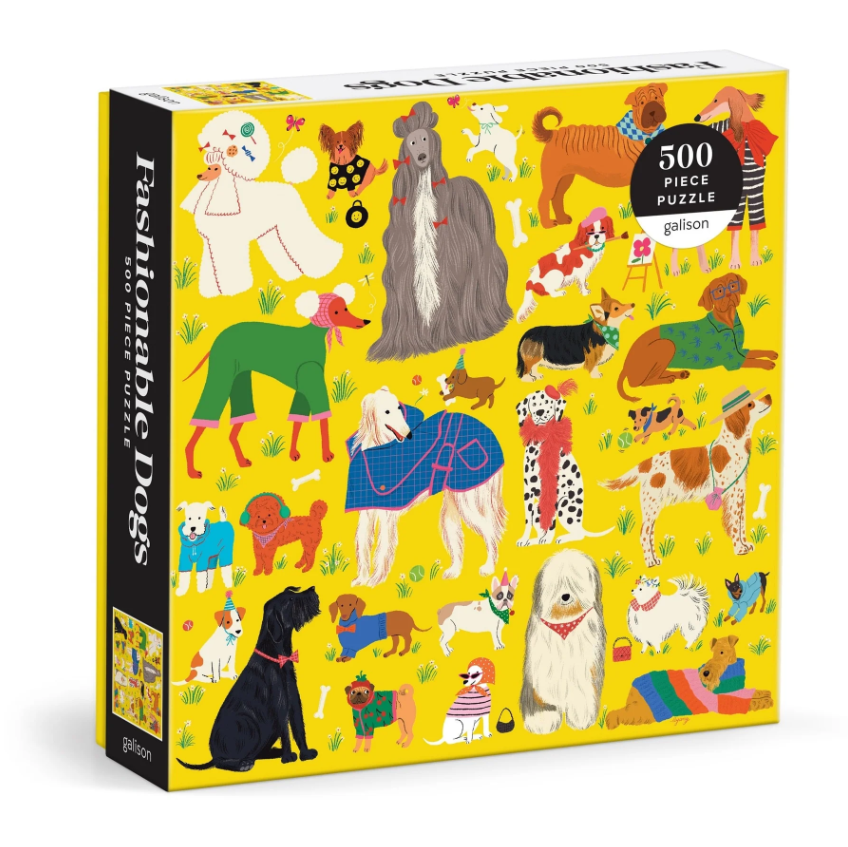 Colorful jigsaw puzzle featuring a whimsical illustration of various fashionable dogs in playful attire on a bright yellow background. The puzzle includes 500 pieces, showcasing a delightful array of breeds and accessories, perfect for dog lovers and puzzle enthusiasts alike.