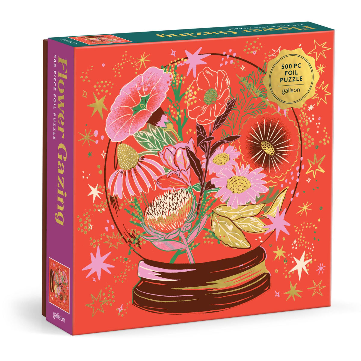 The Flower Gazing Foil Puzzle by Galison features a vibrant design with a variety of colorful flowers arranged in a globe. The background is adorned with stars and decorative elements, making the puzzle visually appealing. It contains 500 pieces, perfect for flower lovers and puzzle enthusiasts.