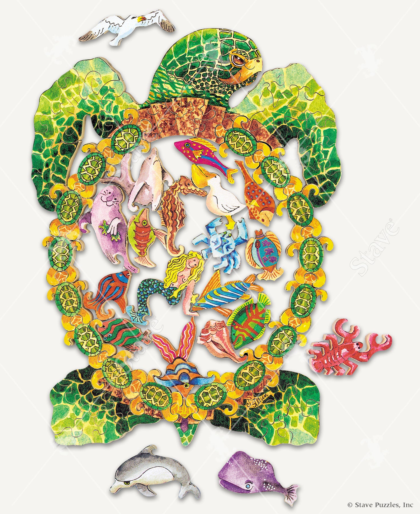 Stave Jigsaw puzzle featuring a colorful turtle surrounded by marine life, including dolphins, fish, and corals. The intricate design showcases vibrant colors and whimsical shapes, perfect for puzzle enthusiasts.