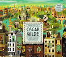 A vibrant jigsaw puzzle titled 'The World of Oscar Wilde' with 1000 pieces, featuring an illustrated scene depicting various characters and locations inspired by Oscar Wilde's works. The artwork showcases Victorian motifs, theatrical elements, and whimsical details in a colorful landscape.