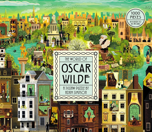 A vibrant jigsaw puzzle titled 'The World of Oscar Wilde' with 1000 pieces, featuring an illustrated scene depicting various characters and locations inspired by Oscar Wilde's works. The artwork showcases Victorian motifs, theatrical elements, and whimsical details in a colorful landscape.