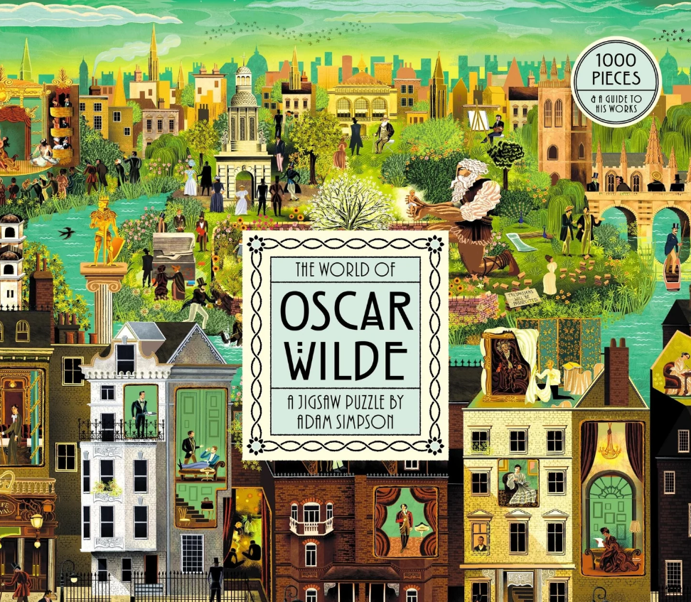 A vibrant jigsaw puzzle titled 'The World of Oscar Wilde' with 1000 pieces, featuring an illustrated scene depicting various characters and locations inspired by Oscar Wilde's works. The artwork showcases Victorian motifs, theatrical elements, and whimsical details in a colorful landscape.