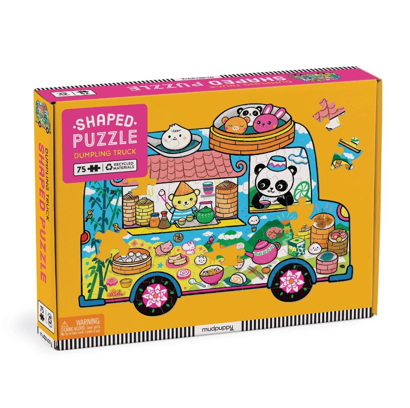 Brightly colored jigsaw puzzle featuring a dumpling truck filled with various cute food items, including dumplings, sweets, and playful characters like a panda and a cat. The package is designed with vibrant illustrations, showcasing a fun and engaging culinary theme. This 75-piece puzzle is perfect for both kids and adults who enjoy unique puzzles.