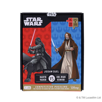 Star Wars Jigsaw Duel puzzle featuring iconic characters Darth Vader and Obi-Wan Kenobi. The box showcases vibrant artwork with a red and blue background, highlighting the competitive theme of this jigsaw puzzle for fans of all ages.