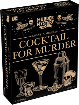 The 'Cocktail for Murder' game box by University Games features a stylish black background with gold illustrations including cocktail glasses, a skull, and a cocktail shaker. The title 'Cocktail for Murder' is prominently displayed, inviting players to engage in a thrilling murder mystery party for 4-6 players, ages 18 and up. The design incorporates elements like leaves and a knife, enhancing the intriguing theme of the game.