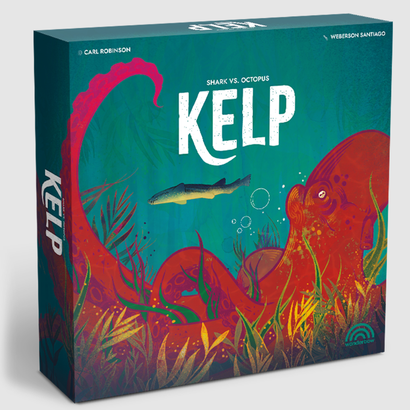 Kelp board game by WONDERBOW featuring vibrant artwork of an octopus and a shark amidst underwater plants. The title 'Kelp' is prominently displayed on the box in bold letters, capturing a playful ocean theme.