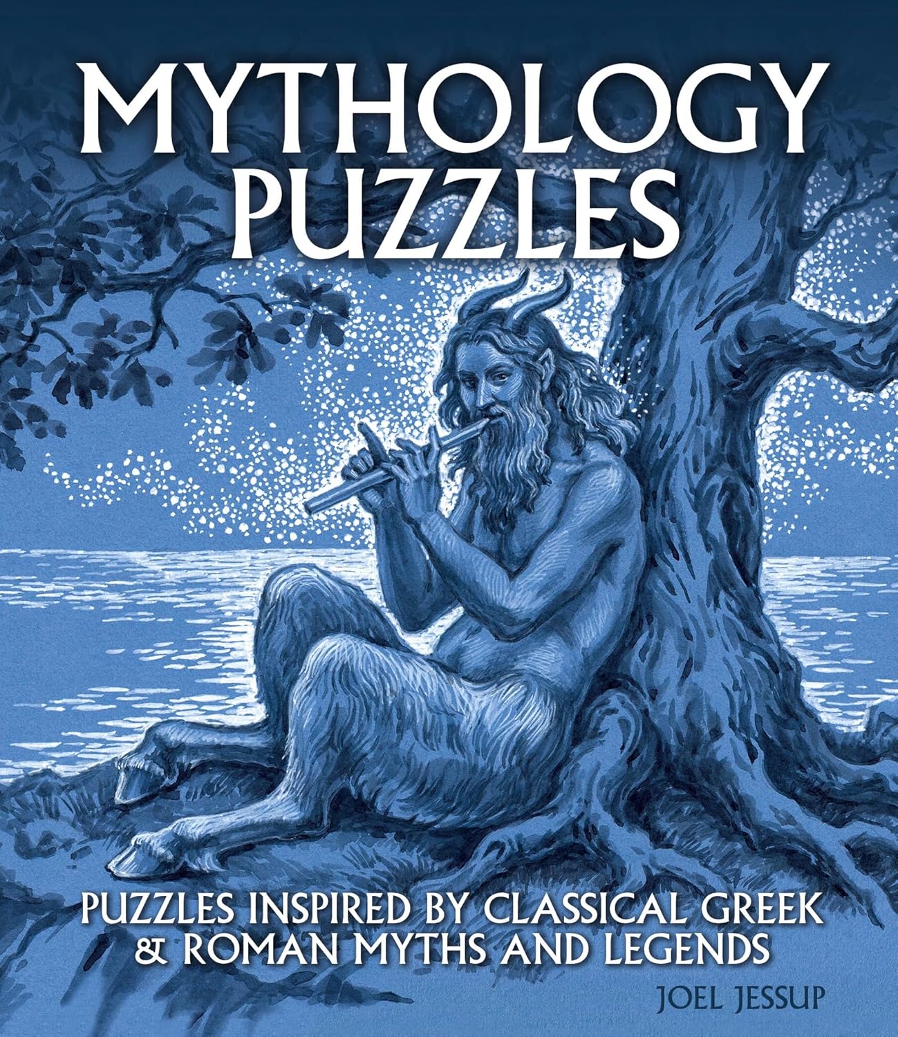 Cover of the 'Mythology Puzzles' book by Sirius. Features a captivating illustration of a satyr playing a flute under a tree, with a tranquil water background. The artwork is inspired by classical Greek and Roman myths, creating a magical atmosphere.