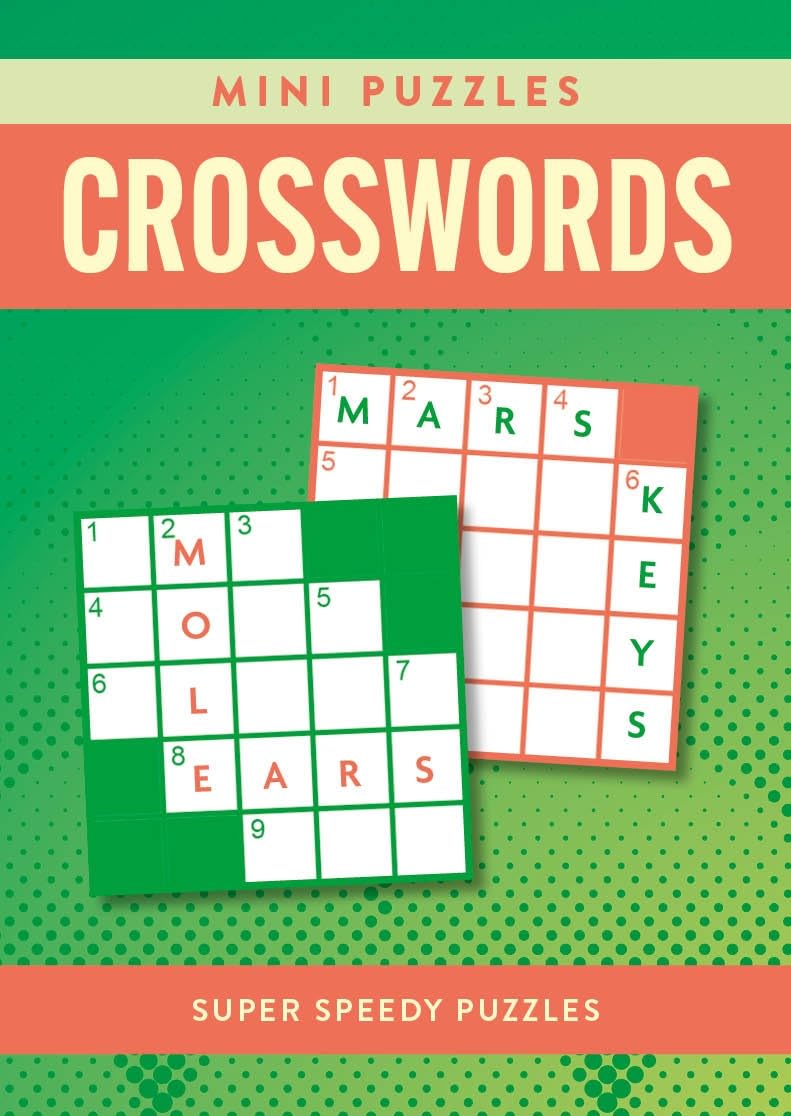 Mini Crosswords puzzle book featuring over 130 crossword puzzles. The cover showcases partially filled crossword grids with vibrant colors and clear lettering, perfect for puzzle enthusiasts. Ideal for quick brain exercises and entertainment on-the-go.