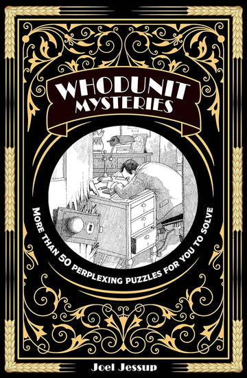 Whodunit Mysteries book cover featuring an illustration of a man solving puzzles at a desk with various items. The title is prominently displayed in a vintage style along with a note about more than 50 perplexing puzzles included.