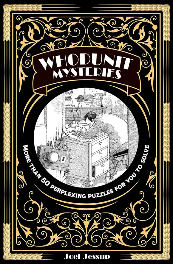 Whodunit Mysteries book cover featuring an illustration of a man solving puzzles at a desk with various items. The title is prominently displayed in a vintage style along with a note about more than 50 perplexing puzzles included.