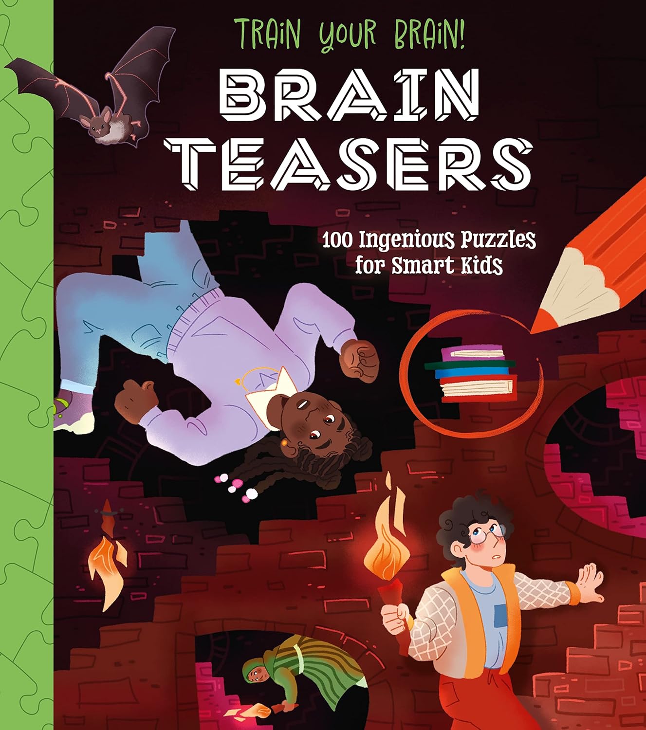 Cover of the 'Train Your Brain: Brain Teasers' book by Arcturus featuring colorful illustrations of three kids engaged in puzzles. The background showcases a whimsical dungeon setting with bats and flickering torches, emphasizing a fun and adventurous learning experience.