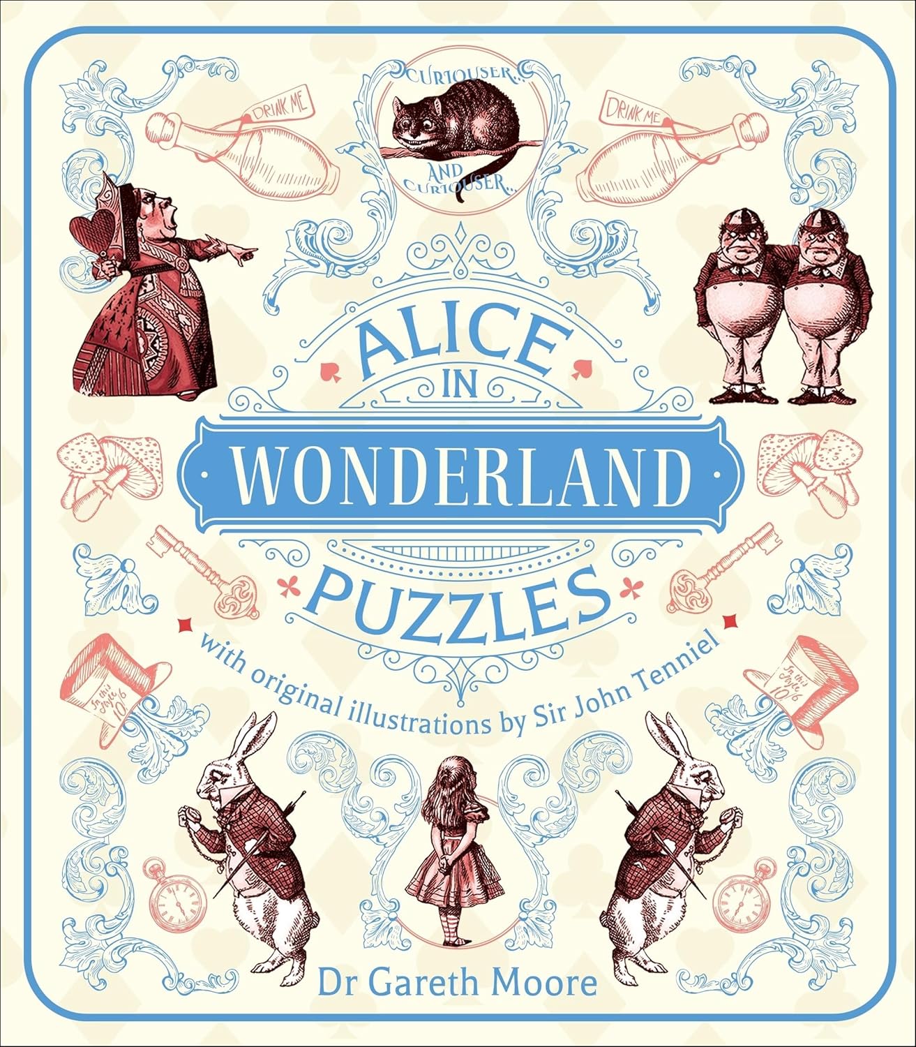 Cover of the 'Alice in Wonderland Puzzles' book, featuring original illustrations by Sir John Tenniel. The design includes whimsical elements such as the Cheshire Cat, the Mad Hatter, and Alice herself, surrounded by a decorative border. The title is prominently displayed in blue, with playful graphics throughout.