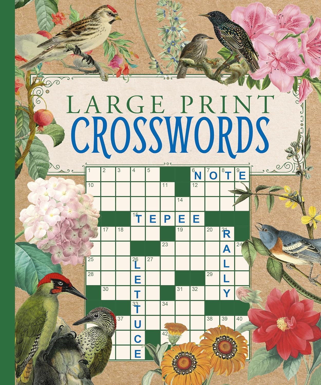 Cover of the Large Print Crosswords book by Sirius featuring delicate floral illustrations and various birds. The crossword grid is visible, designed for easy reading with large print letters. The playful design is appealing for puzzle lovers, with a mix of colorful birds and flowers surrounding the title.