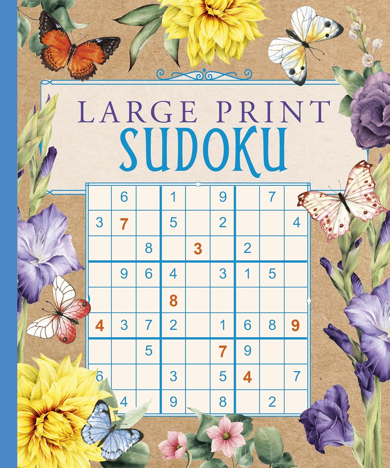 Cover of a Large Print Sudoku book featuring a floral design. The title 'Large Print Sudoku' is prominently displayed with a grid of a Sudoku puzzle partially filled in, surrounded by colorful flowers and butterflies.