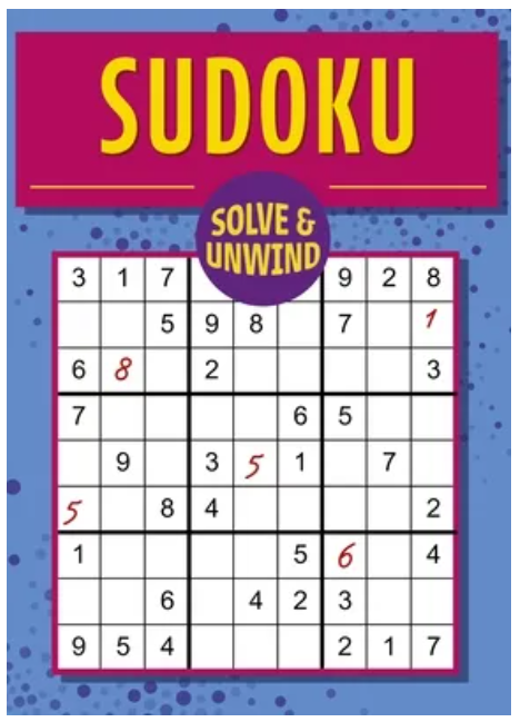 Cover of the Sudoku book titled 'Solve & Unwind'. The design features a vibrant blue background with a partially filled 9x9 Sudoku grid in white and black. The title 'SUDOKU' is prominently displayed at the top in bold yellow letters, while 'SOLVE & UNWIND' is featured inside a purple circle at the center.