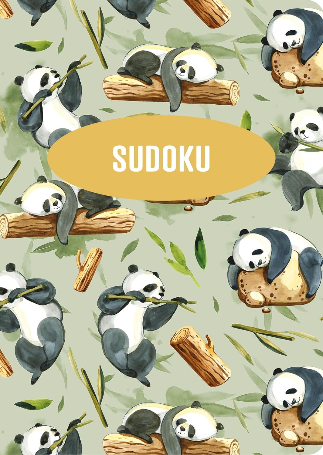 A colorful Sudoku game designed by Sirius featuring adorable pandas in various playful poses against a green background. The title 'SUDOKU' is prominently displayed in a yellow oval at the center.