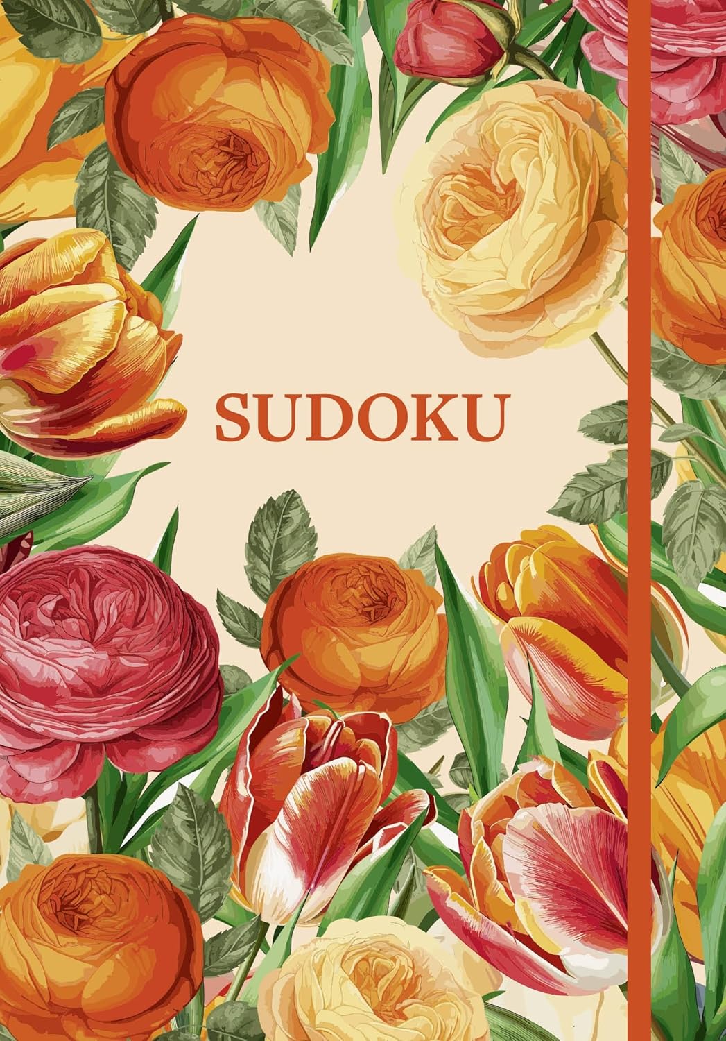 An aesthetically pleasing Sudoku book titled 'Sudoku' surrounded by vibrant orange and red flowers, featuring intricate floral designs and leafy accents, perfect for puzzle enthusiasts.