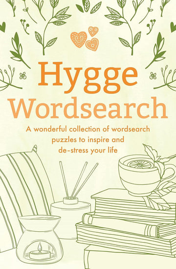 Cover of the 'Hygge Wordsearch' book by Sirius, featuring a cozy design with illustrations of plants, candles, and stacks of books, inviting readers to enjoy a collection of wordsearch puzzles that promote relaxation and inspiration.