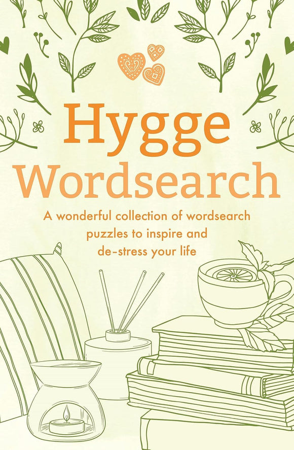 Cover of the 'Hygge Wordsearch' book by Sirius, featuring a cozy design with illustrations of plants, candles, and stacks of books, inviting readers to enjoy a collection of wordsearch puzzles that promote relaxation and inspiration.