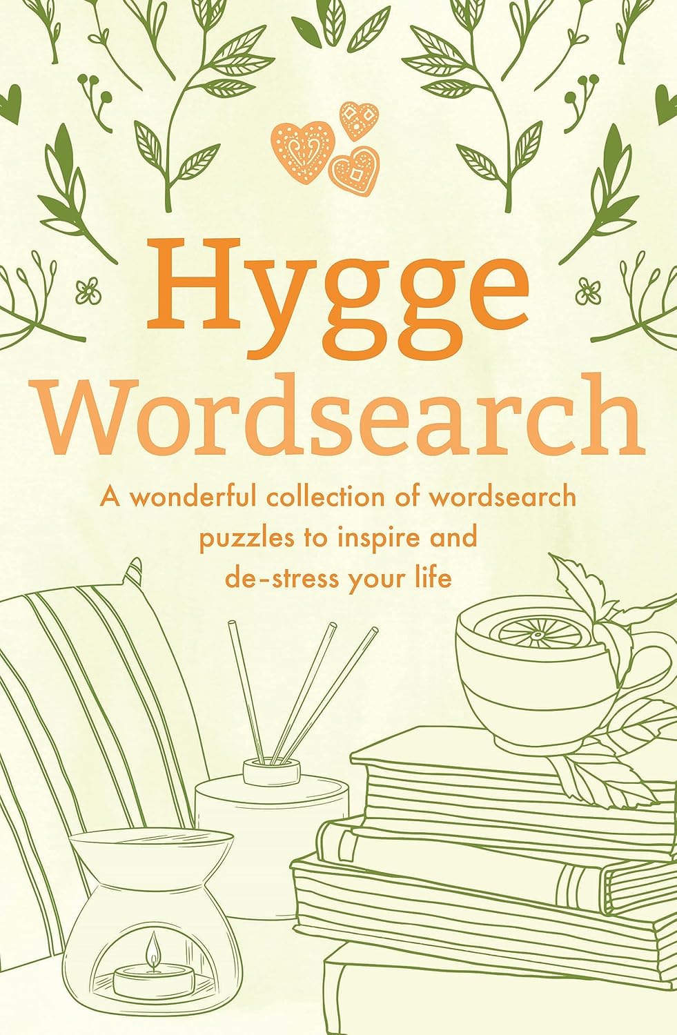 Cover of the 'Hygge Wordsearch' book by Sirius, featuring a cozy design with illustrations of plants, candles, and stacks of books, inviting readers to enjoy a collection of wordsearch puzzles that promote relaxation and inspiration.