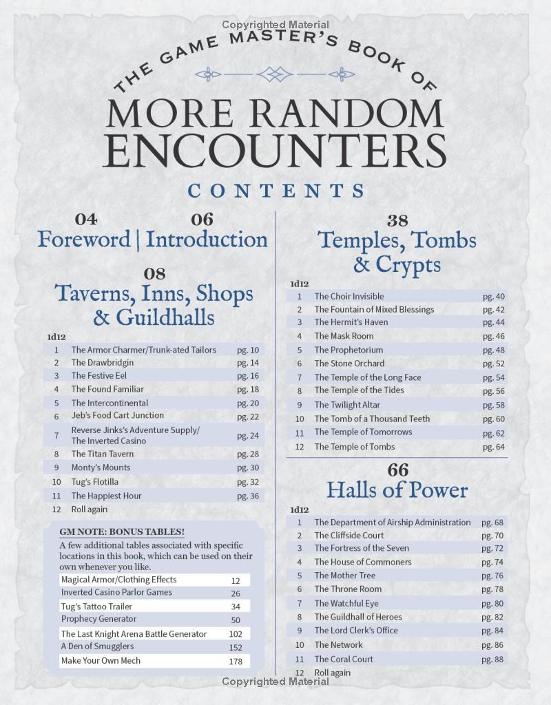 The Game Master's Book of More Random Encounters cover showing a table of contents including sections on taverns, temples, and additional bonus tables for gaming scenarios. The layout features ornate borders and a clear, organized structure for easy navigation.