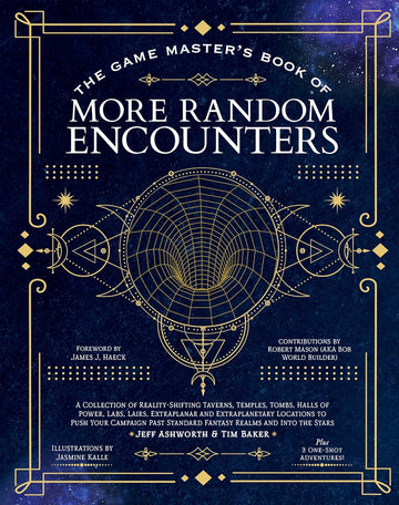 The Game Master's Book of More Random Encounters, featuring a beautiful dark blue cover adorned with gold geometric designs and star motifs. The title is prominently displayed at the top, with additional contributions noted below. A description highlights the book's purpose as a collection of fantasy locations and scenarios for tabletop role-playing games. Illustrated by Jasmine Kalle and foreword by James J. Haeck.