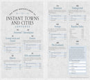The Game Master's Book of Instant Towns and Cities by MEdia Lab presents an extensive guide for tabletop gaming. The contents page outlines various settings, including Coastal Areas, Mountains, and Underground locations, with sections for hamlets, villages, towns, and random tables to enhance gameplay and story creation.