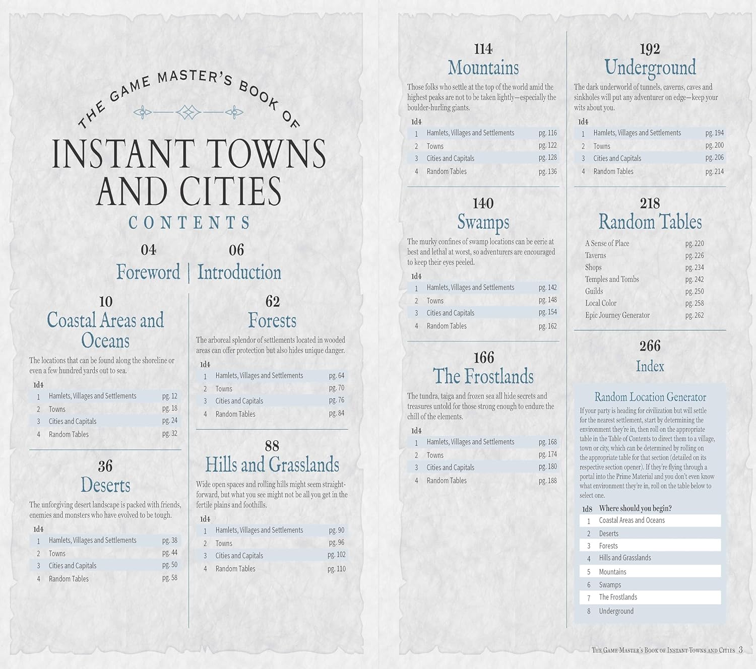 The Game Master's Book of Instant Towns and Cities by MEdia Lab presents an extensive guide for tabletop gaming. The contents page outlines various settings, including Coastal Areas, Mountains, and Underground locations, with sections for hamlets, villages, towns, and random tables to enhance gameplay and story creation.