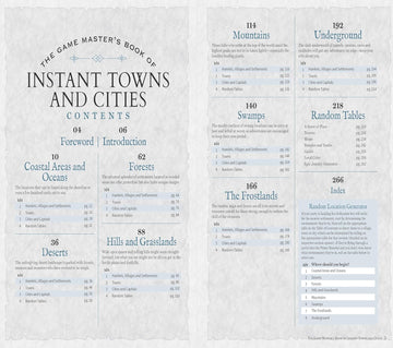 The Game Master's Book of Instant Towns and Cities by MEdia Lab presents an extensive guide for tabletop gaming. The contents page outlines various settings, including Coastal Areas, Mountains, and Underground locations, with sections for hamlets, villages, towns, and random tables to enhance gameplay and story creation.