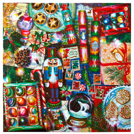 Colorful jigsaw puzzle featuring a festive Christmas scene filled with holiday decorations, including a nutcracker, ornaments, cookies, and gifts. The vibrant artwork showcases classic Christmas elements like snowmen, candy canes, and holiday greetings, perfect for family gatherings during the holiday season.