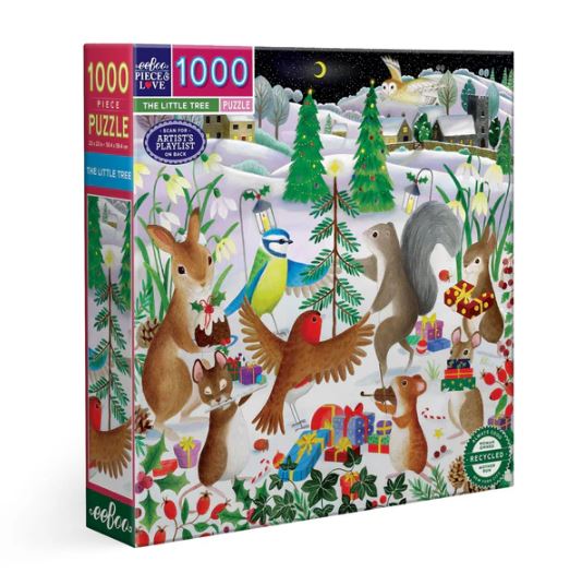 Eeboo's The Little Tree jigsaw puzzle featuring a whimsical winter scene with woodland animals like rabbits, birds, and squirrels gathering around a decorated tree, surrounded by presents and snow. The box displays vibrant colors and an enchanting holiday atmosphere.