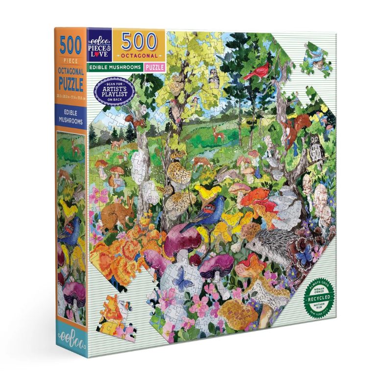 A vibrant jigsaw puzzle titled 'Edible Mushrooms Octagonal' featuring 500 pieces. The puzzle showcases a lush landscape filled with various edible mushrooms, colorful flowers, and playful wildlife, such as birds and small animals, all illustrated in a whimsical style. The box design is eco-friendly and recycled with a playful nature theme.