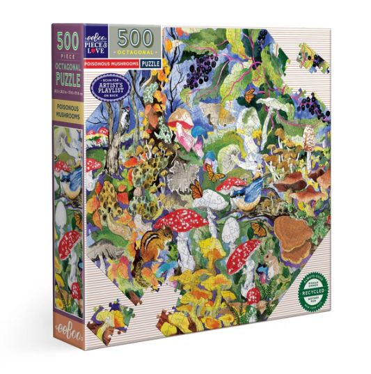 Colorful 500-piece jigsaw puzzle featuring a detailed illustration of various poisonous mushrooms, set against a vibrant background of flora and fauna. The box design reflects an octagonal shape and is made by Eeboo, emphasizing sustainability with a recycled materials logo.