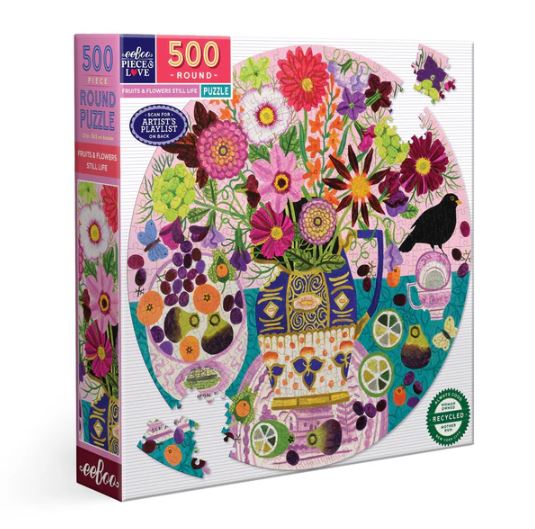 Fruits & Flowers Still Life jigsaw puzzle by Eeboo featuring a vibrant and colorful circular image of a flower vase, fruits, and decorative elements. The box contains 500 round pieces made from recycled materials, showcasing intricate artwork with flowers, limes, and various designs.