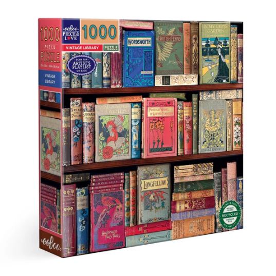 Eeboo Vintage Library jigsaw puzzle featuring a beautifully illustrated bookshelf filled with colorful, vintage-style book covers. The puzzle contains 1000 pieces and emphasizes artistic themes and classic literature, ideal for book lovers and puzzle enthusiasts.